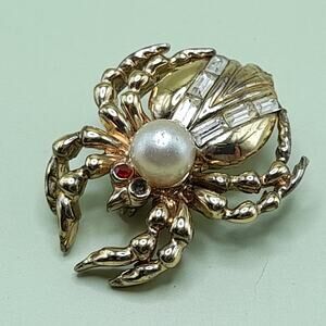 Vintage Spider Brooch Faux Pearl Red Eye Baguette Rhinestones Gold